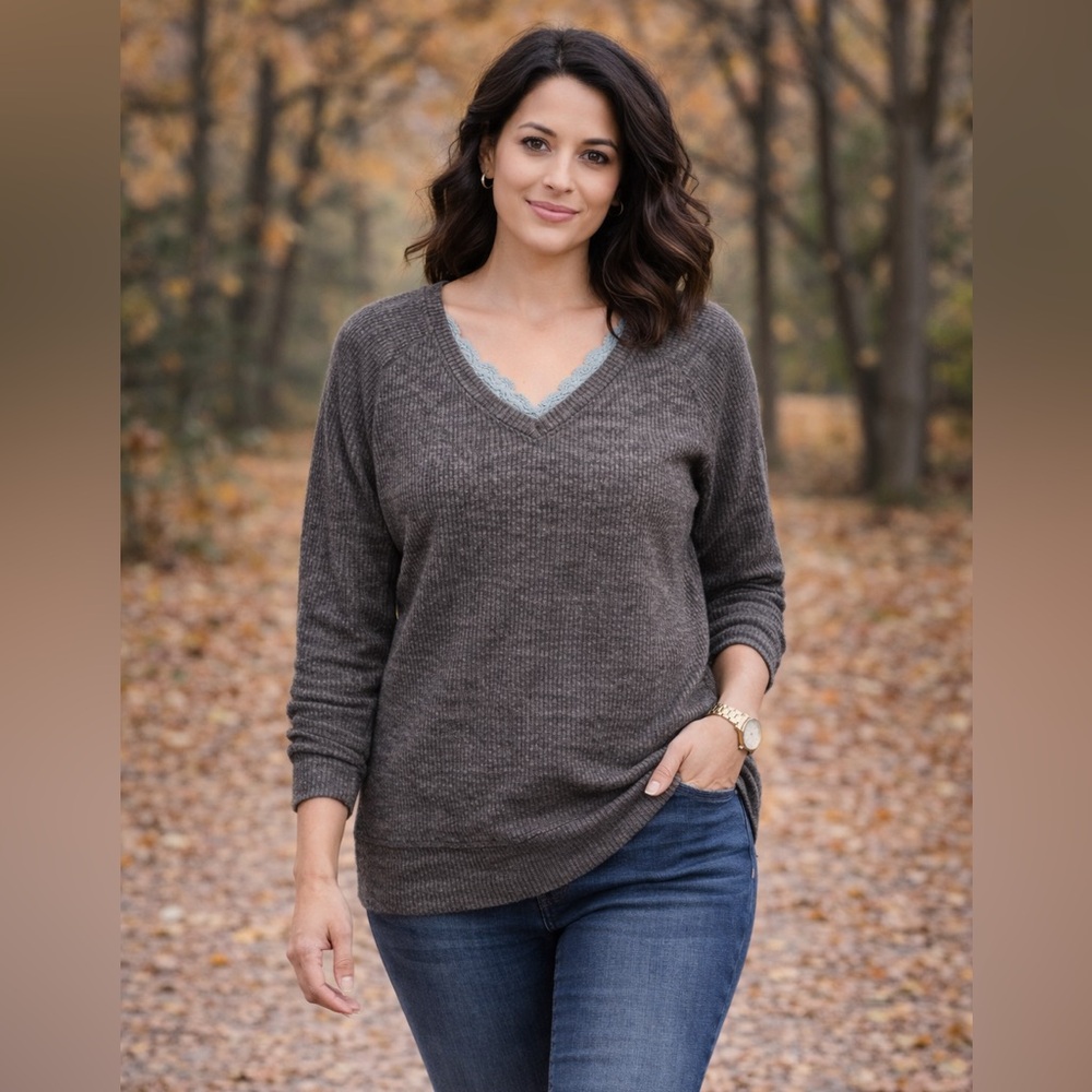 Gray Ribbed Knit V-Neck Top w/ Lace Trim | Stretchy Long Sleeve